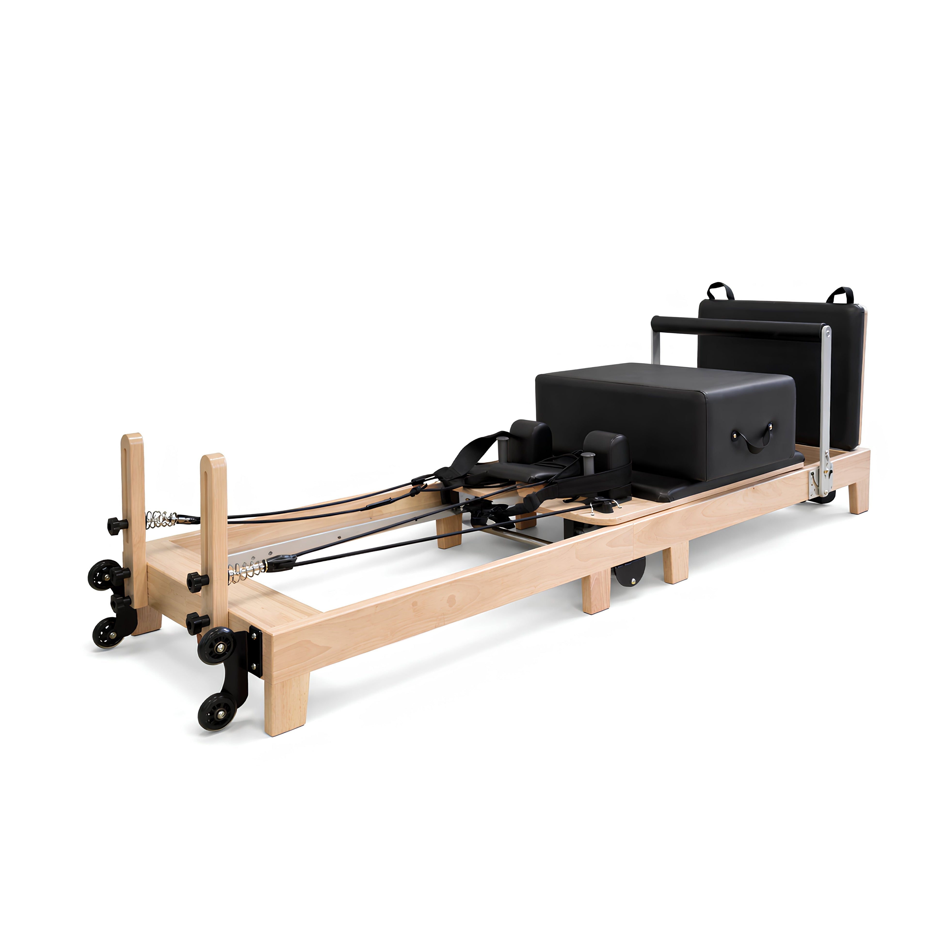 Foldable oak wood pilates reformer side view