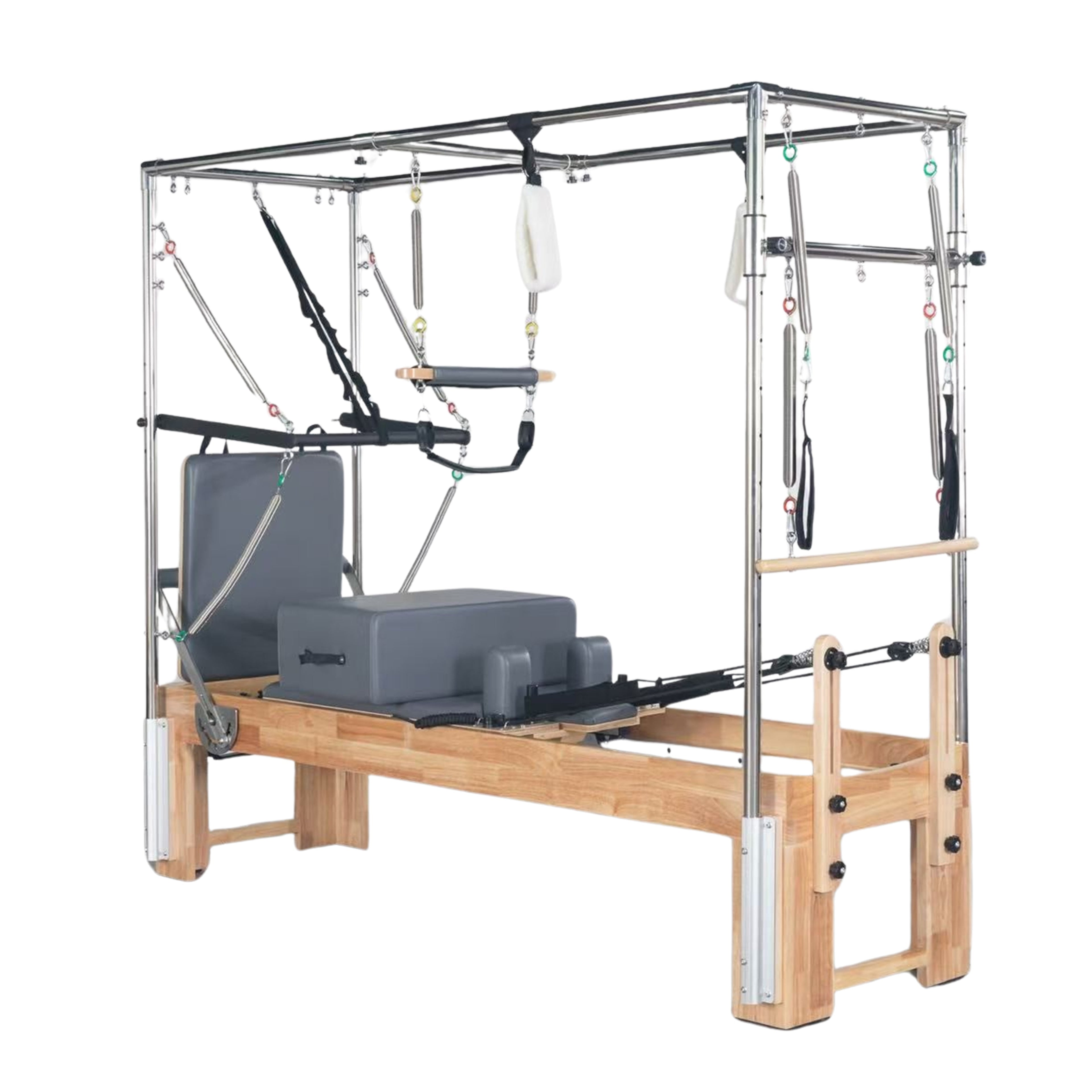 Oak pilates reformer with trapeze bar for home gym workouts