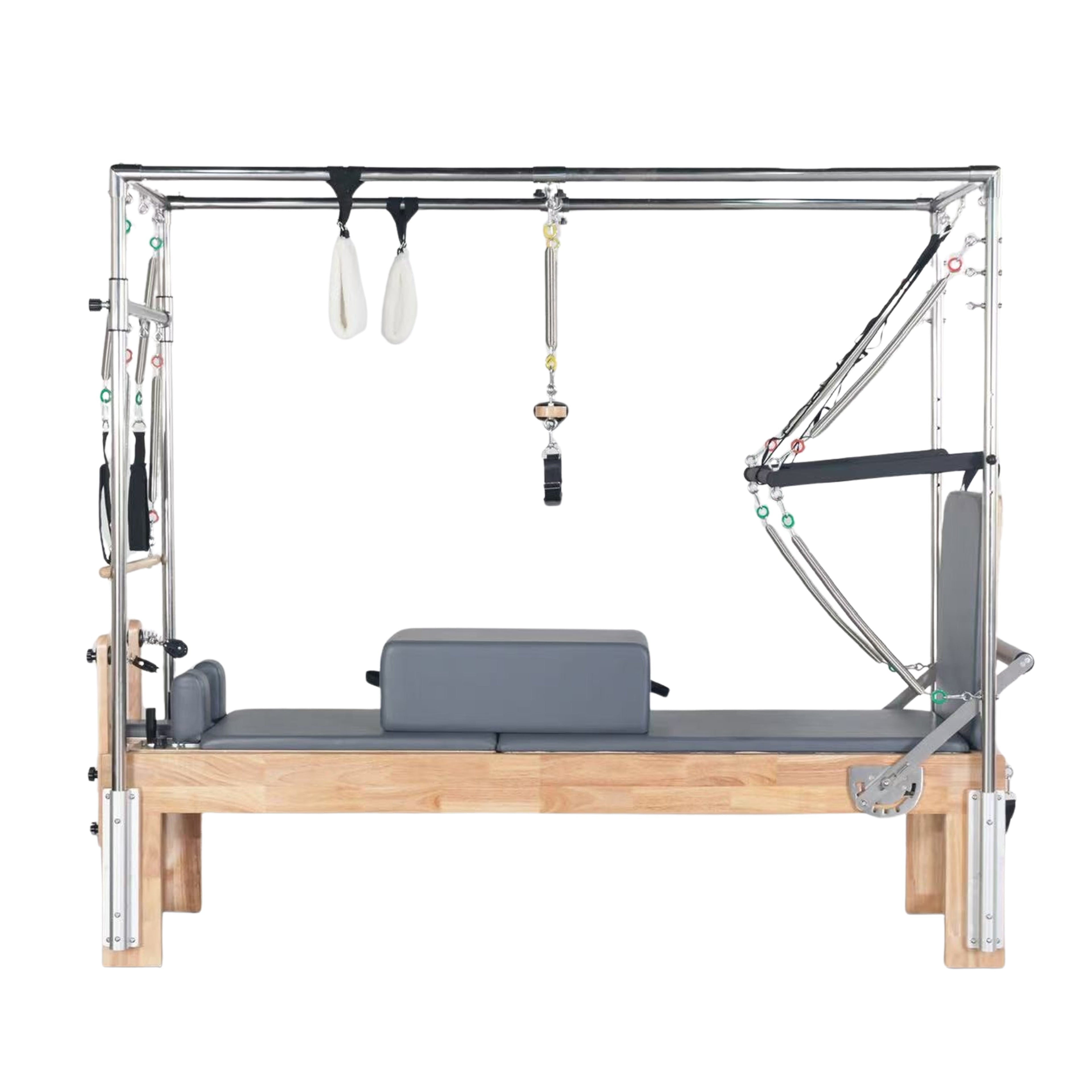 Natural oak wood pilates reformer with trapeze attachment