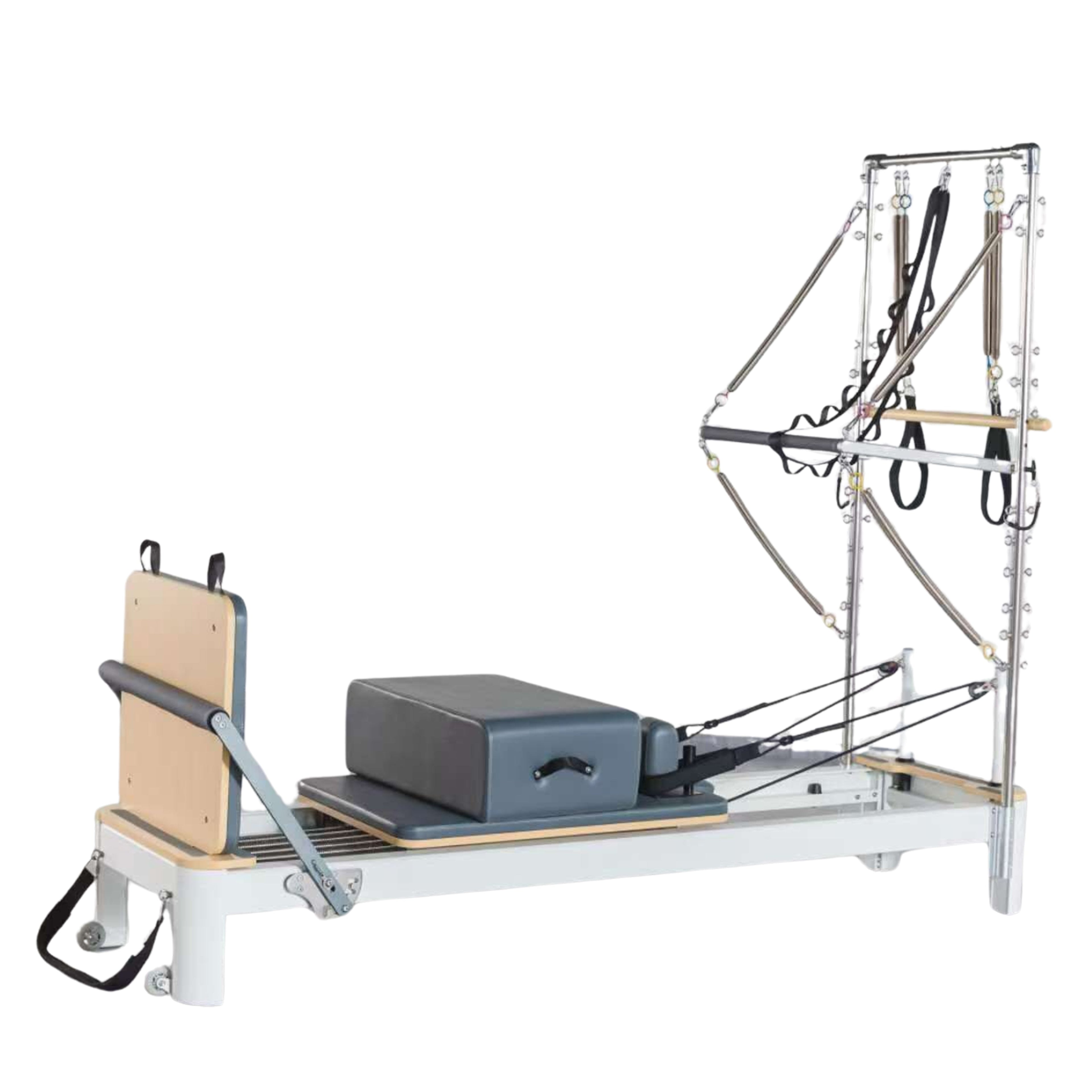 Full pilates reformer with half trapeze attachment and sliding carriage