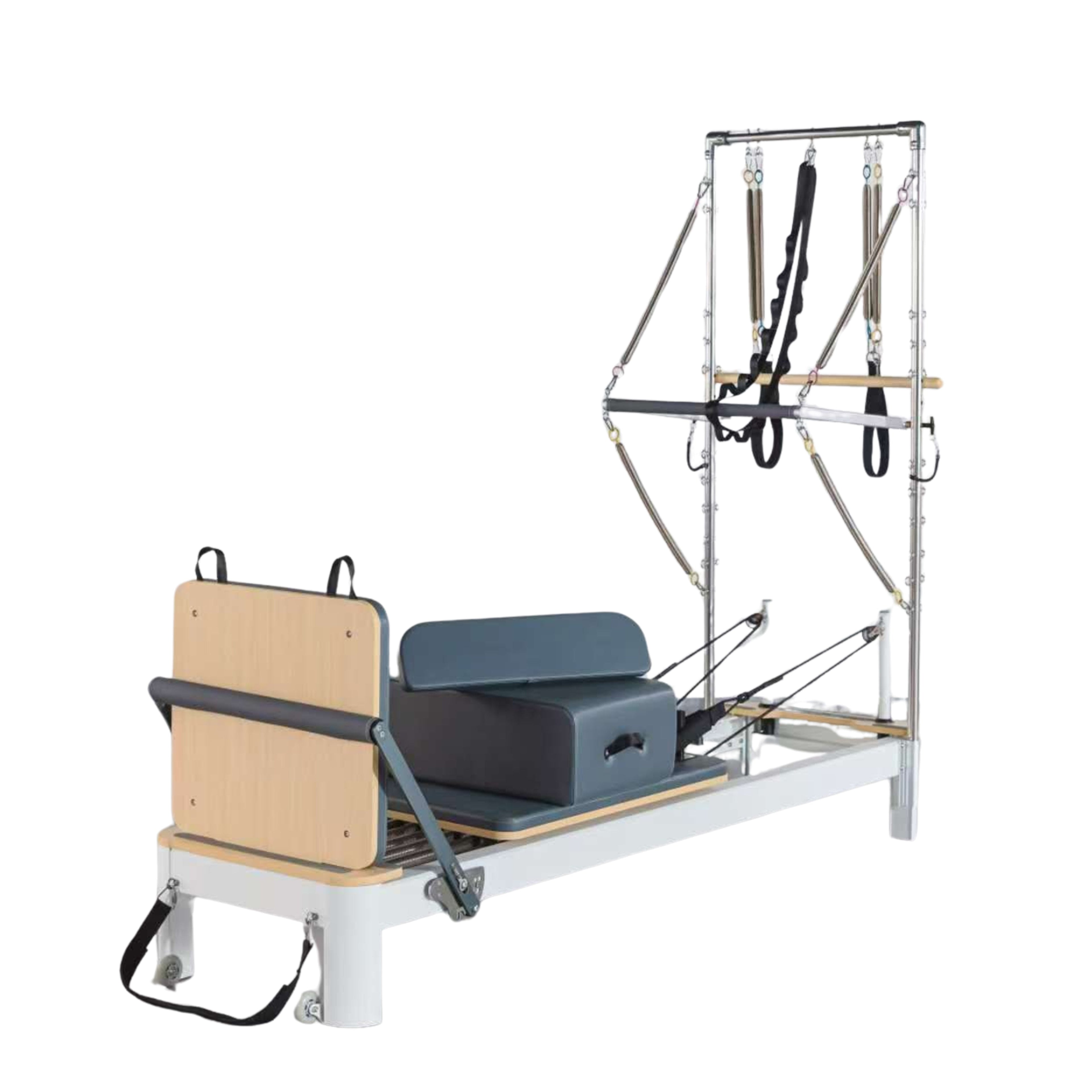 Side view of pilates reformer showing aluminium frame and adjustable footbar