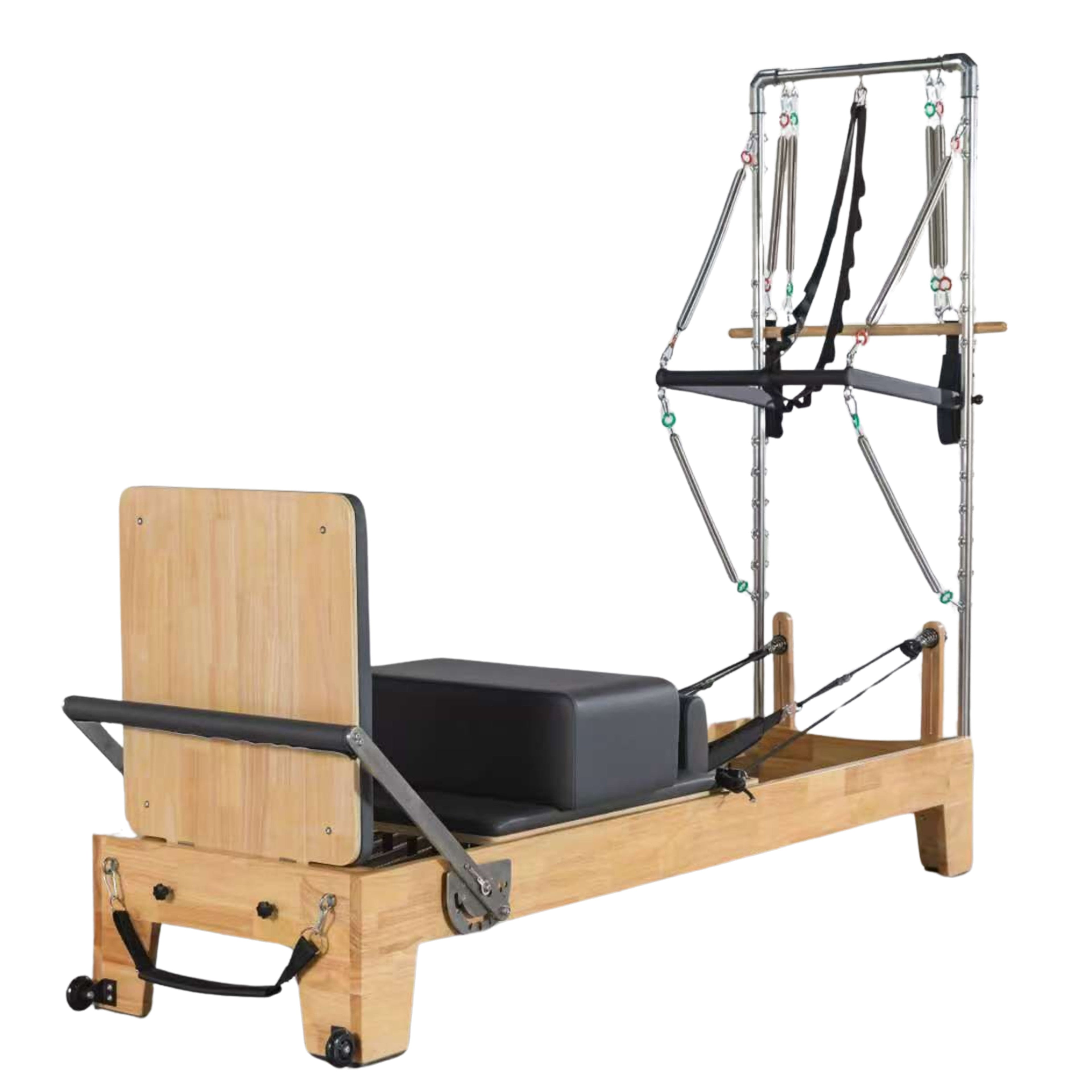 Oak wood pilates reformer featuring half trapeze bar attachment