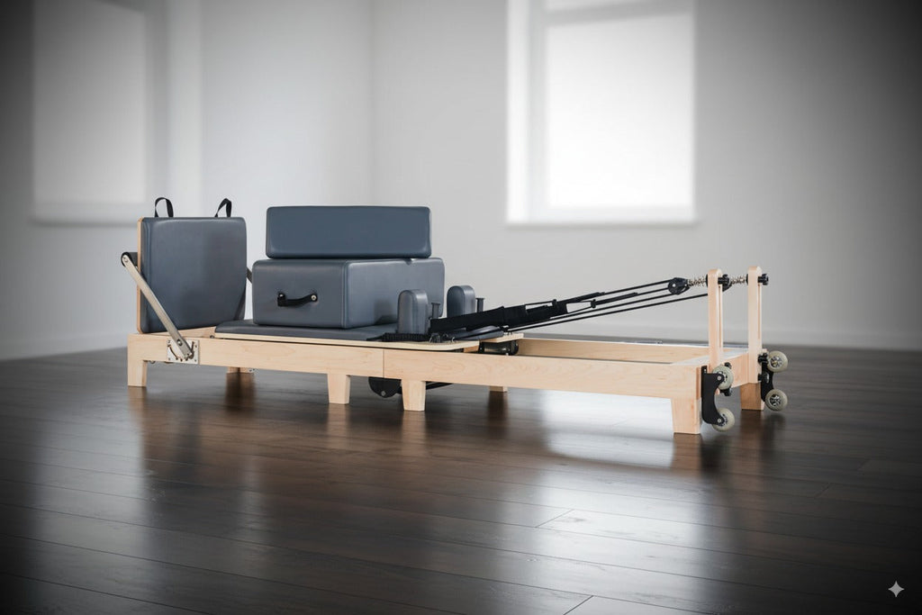 Compact pilates reformer in use position with footbar