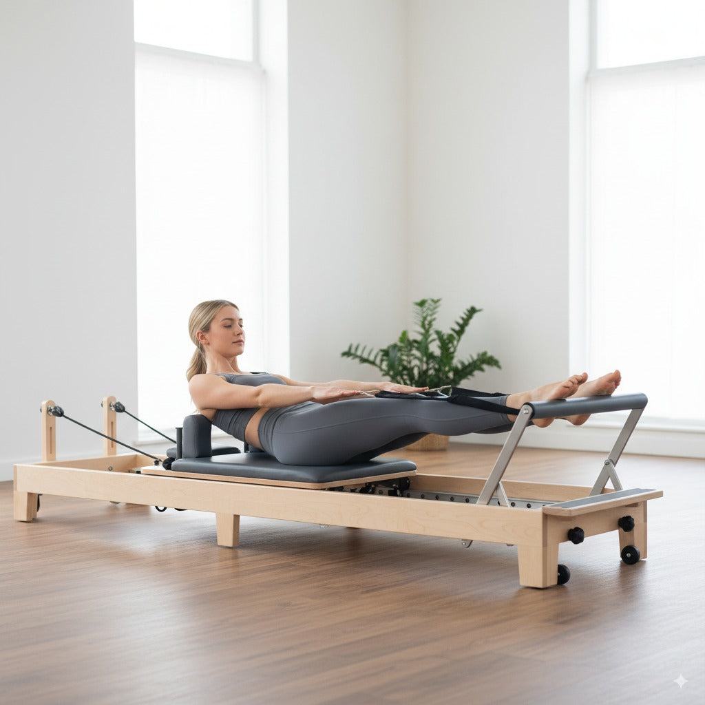 Compact pilates reformer folded for storage