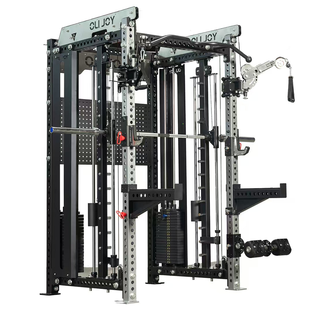 Gym equipment rack with various attachments on a white background